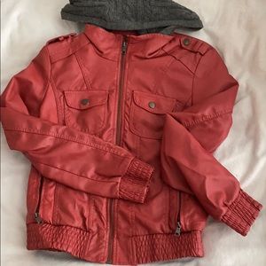 Faux leather jacket with knit hood